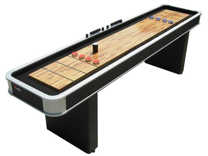 Atomic 9* Platinum Shuffleboard Table with Poly-coated Playing Surface for Smooth Fast Puck Action and Pedestal Legs with Levelers for Optimum Stability and Level Play