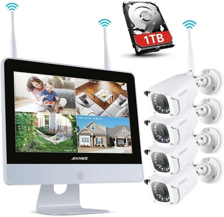 1080P Wireless System, 4CH FHD Wi-Fi NVR Video Surveillance System with 12”LCD Monitor, Automatic Screen Saver, 4X 1080P Outdoor IP Camera with IR Night Vision, 1TB Hard Drive Included