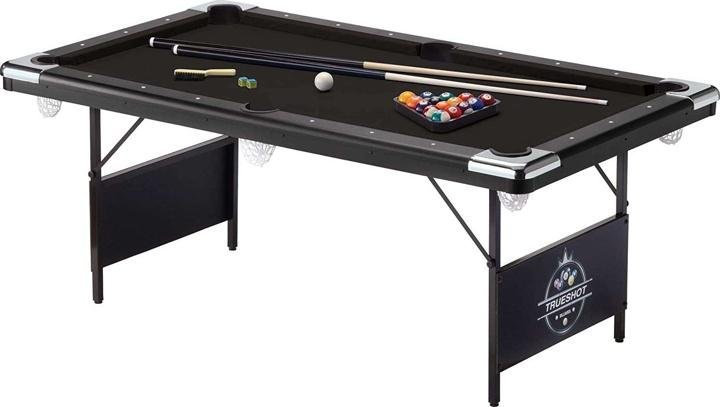 Fat Cat Trueshot 6* Pool Table with Folding Legs for Easy Storage, Included Pool Cues and Billiard Ball, and Deep Black Playing Cloth