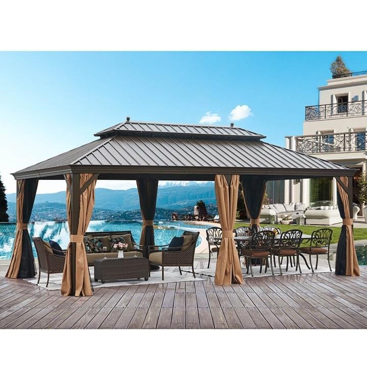 12’x20′ Galvanized Steel Hardtop Gazebo Double-Roof Pergola w/ Netting Curtain